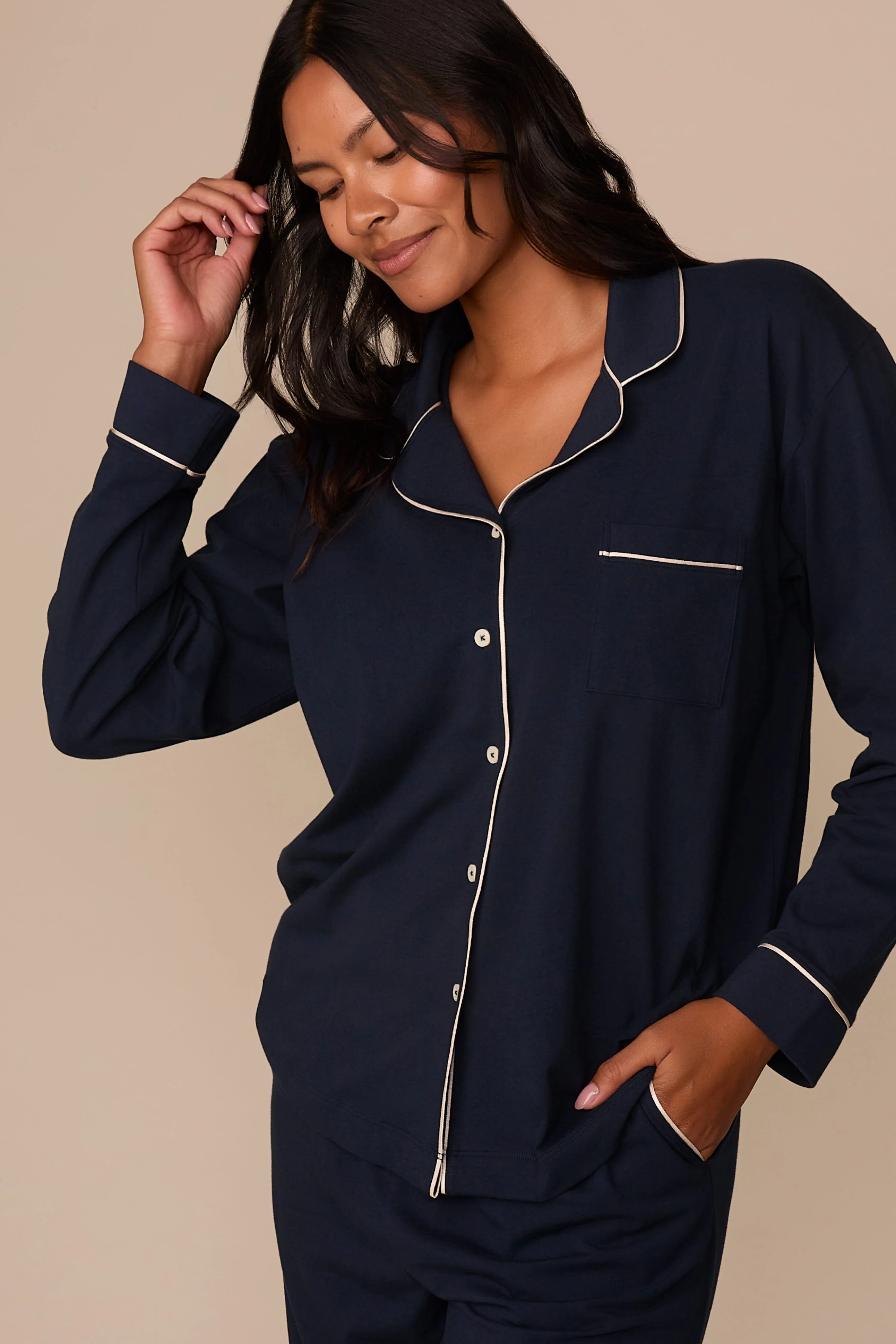 Perfect Pima Long Sleeve Pajama Shirt - Navy - Image 4